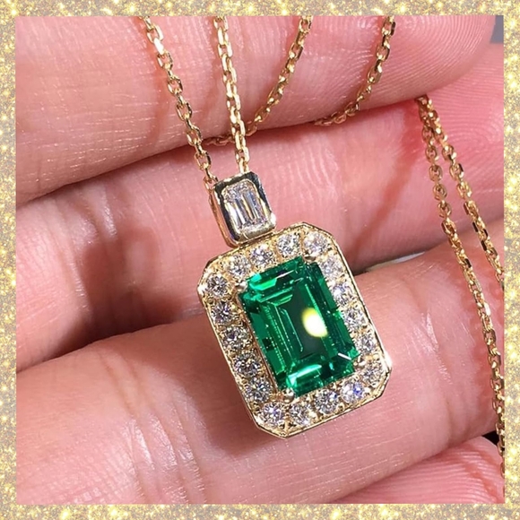 no Brand Jewelry - 5ct Emerald-Cut Green Cubic Zirconia Micro Paved Halo Gold Tone Pendant Necklace